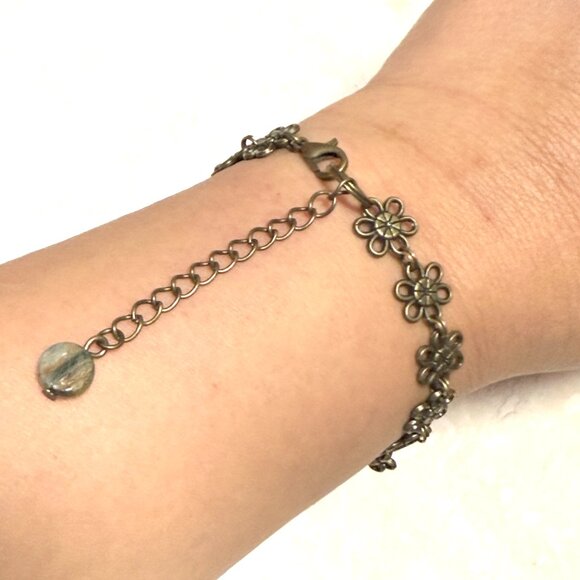 2/$20, Genuine White Green Tree Agate Bracelet, Gemstone + Antique Bronze Flower - Picture 11 of 12